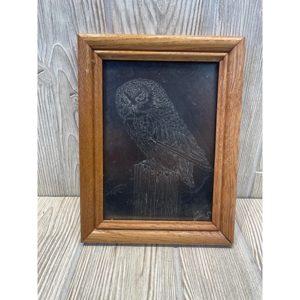 Vintage Owl Burning on Acrylic Original Art Signed Gen Kreiling 2001 Oak Frame